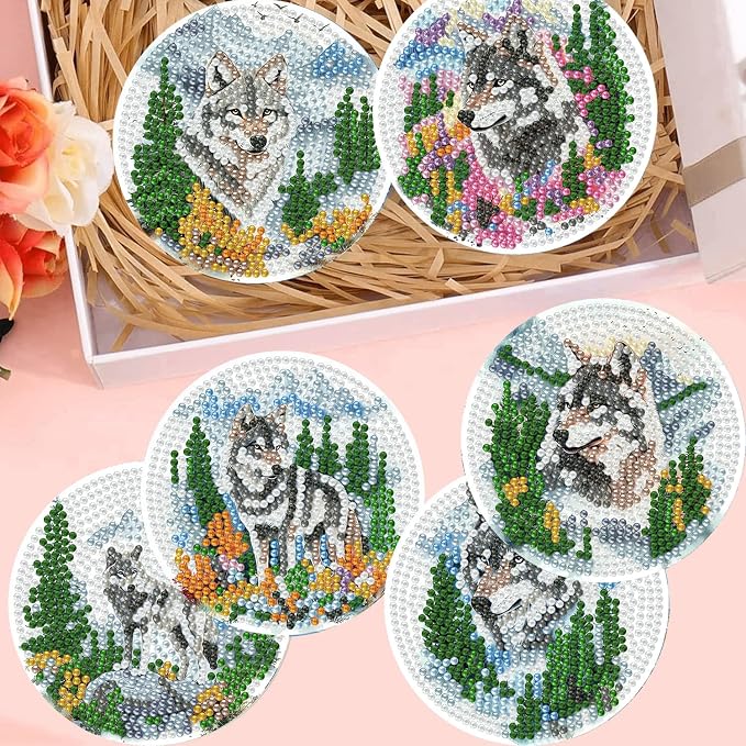8 Pack Diamond Art Coasters, Wolf Forest animals Diamond Painting Coasters |
