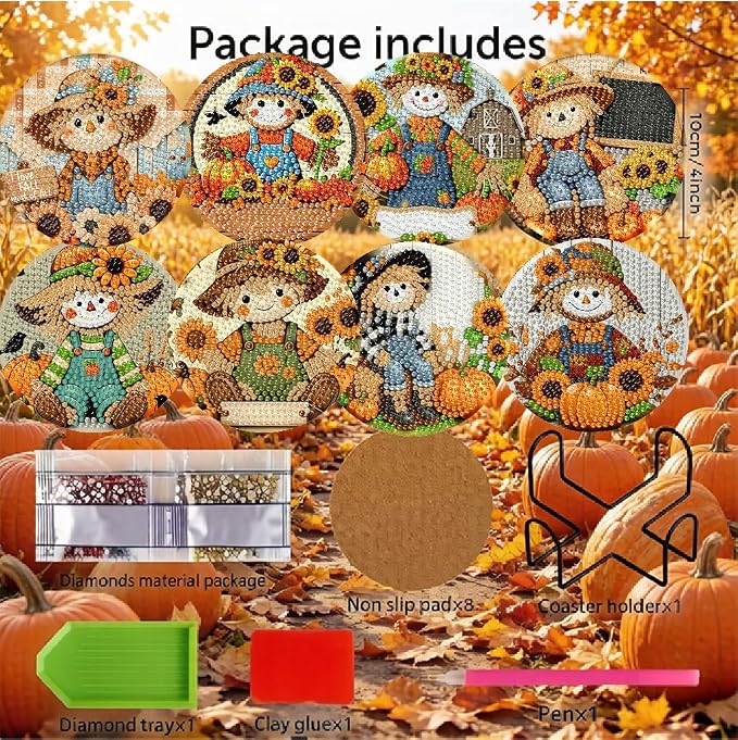 LWZAYS 8 Pcs 5D Autumn Scarecrow Diamond Art Coasters Kits