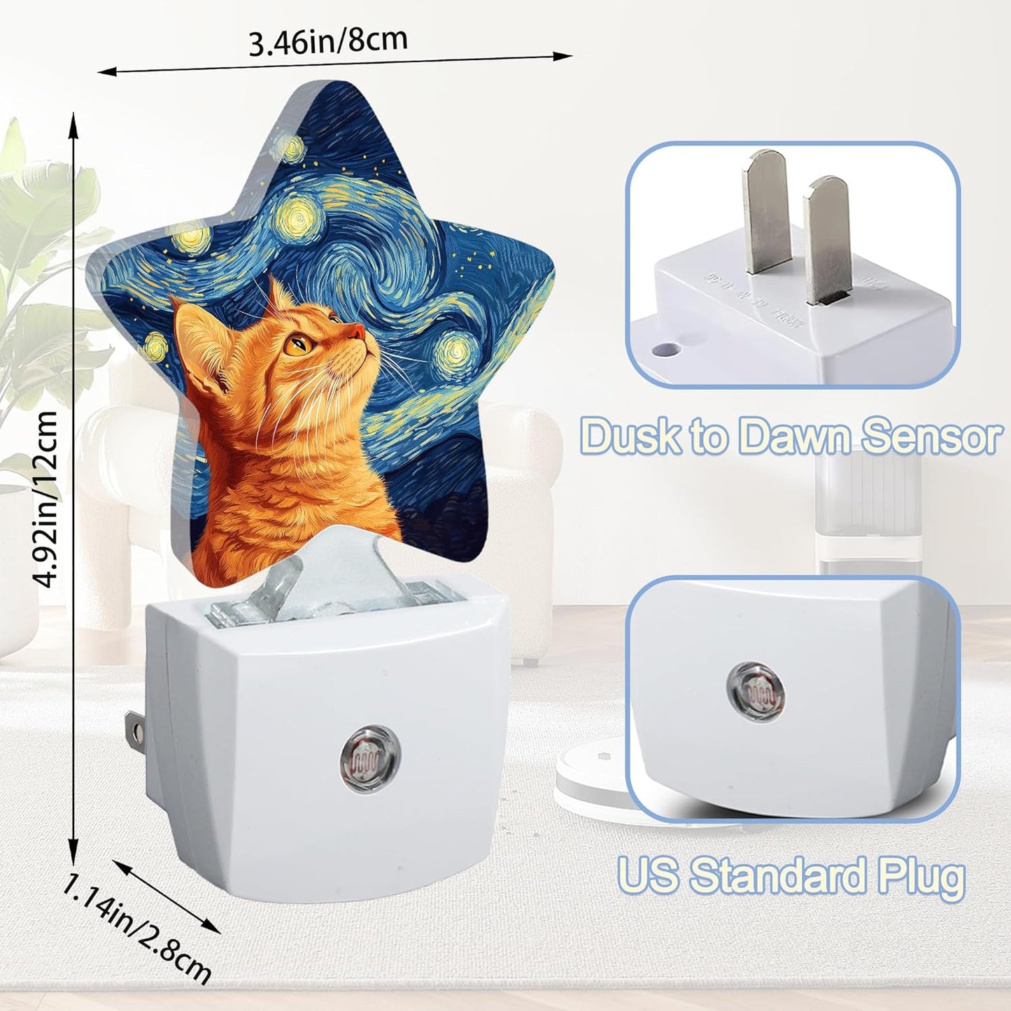 Starry Night Cat Night Lights Plug Into Wall,Abstract Oil Painting Star Night Light for Kids,Nightlight with Dusk to Dawn Smart Sensor for Bedroom Bathroom Decor,Children Women Men Gift