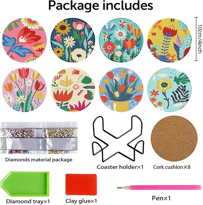 Benjenes 8PCS Flowers Diamond Art Coasters Kit