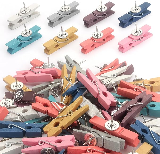50 PCS Wooden Clips Push Pins Tacks