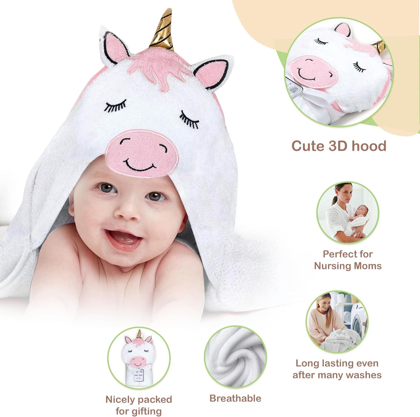 Mother's Choice Baby Hooded Towel - Large Size, Cotton, Ultra-Soft & Absorbent Bath Towel for Newborns, Infants, Toddlers, Boys & Girls with Animal Hood (Unicorn)