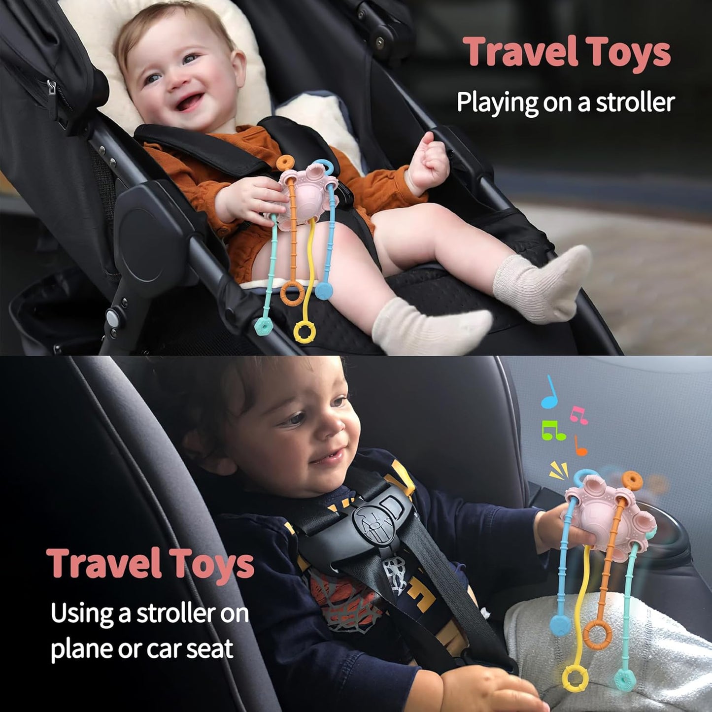 Montesorri-Toys - Pull String Toys for Baby - Made of 100% Food Grade Silicone with Built-in Rattle Function and Easy to Clean Design (Pink)