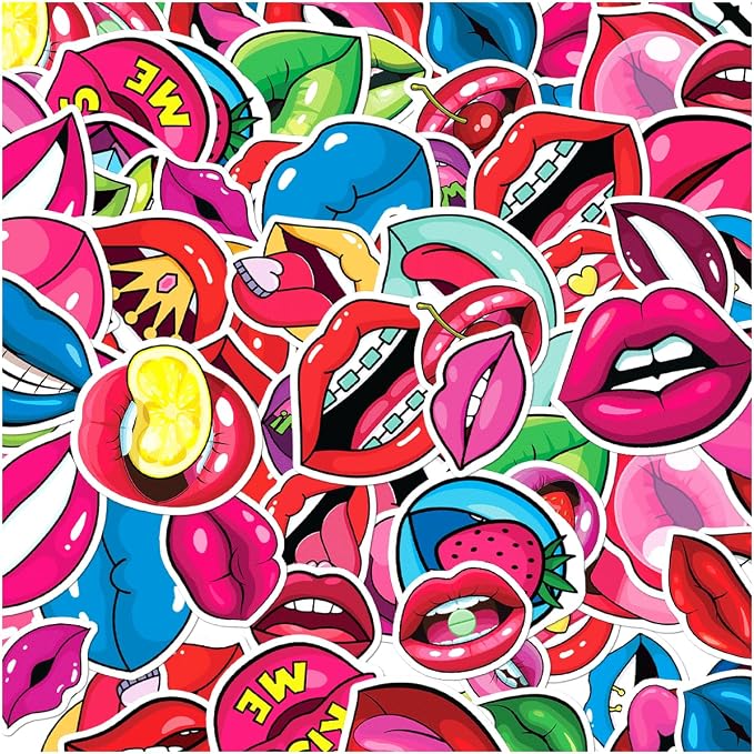 Colorful Art Lips Mouth Expressions Vinyl Stickers Pack 50pcs