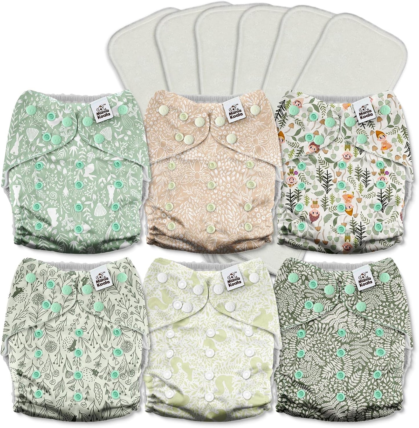 Mama Koala 3.0 Cloth Diapers for Babies with AWJ Lining, 6 Pack with 6 5-Layer Natural Cloth Diaper Inserts - Reusable and Washable Pocket Diapers(A-Spring Sprouts)