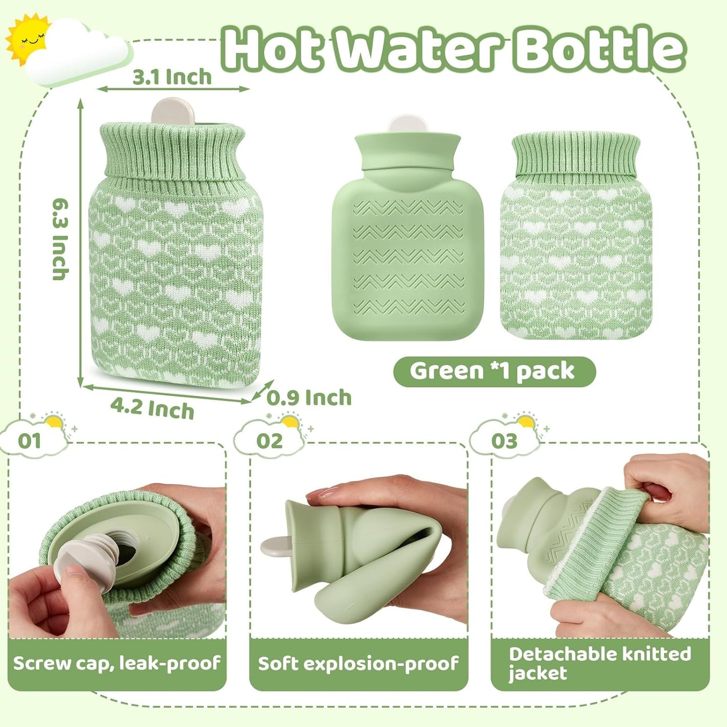 Amylove Mini Hot Water Bottle 320ml for Hot & Cold Compress with Cover Silicone Microwave Heating Small Water Bag for Travel Pain Relief Holiday Gifts(Green)