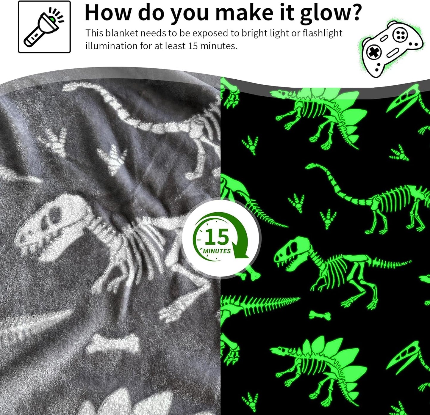 TEHALK Dinosaur Glow in The Dark Blanket for Boys/Girls/Toddler/Baby, Dinosaur Toys for Boy Age 3-12, Cute Funny Kids Throw Blanket for Birthday/Gifts 40"x 60"