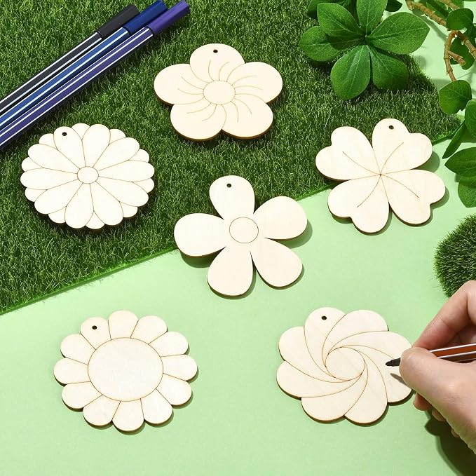 30 Pcs Unfinished Wood Flower Cutouts Wooden Flower Wood Crafts