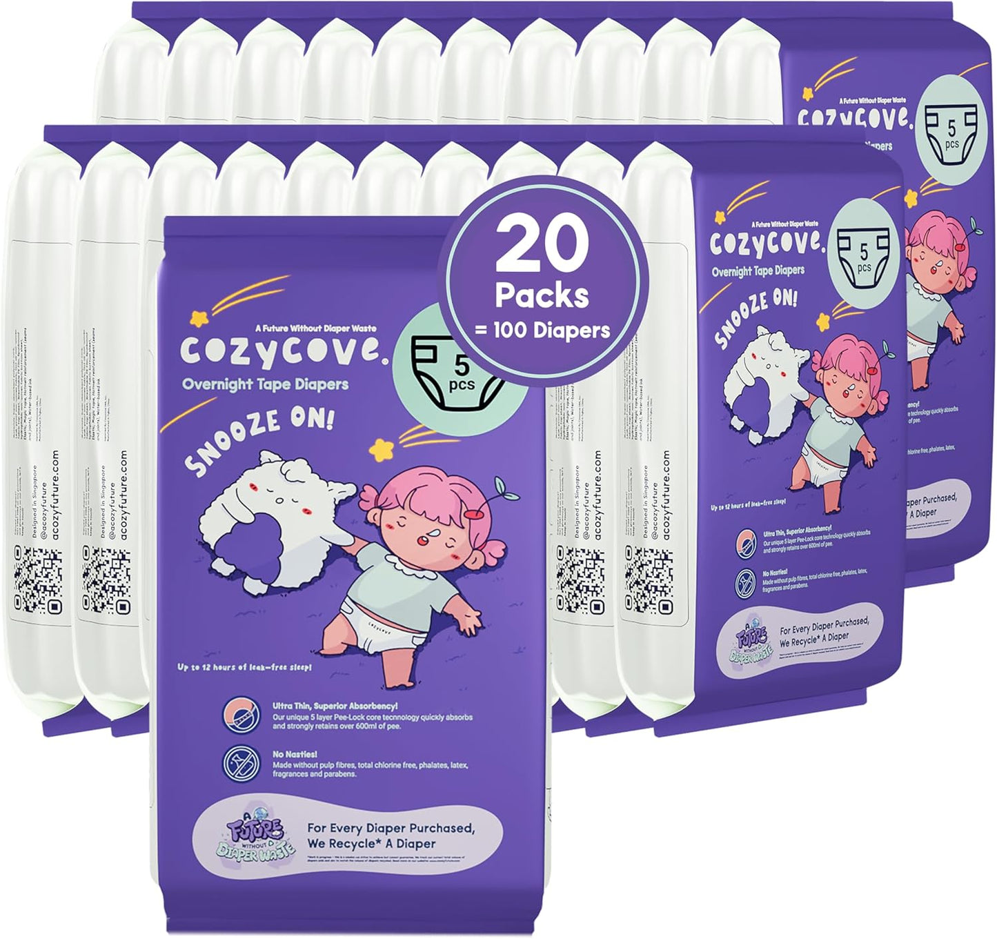 Cozycove Travel Pack Newbon Tape Diapers Carton, Snooze On Slim Overnight Tape Diapers, Size Newborn (6-11 lbs), Carton, 100 Count (20 Packs of 5)