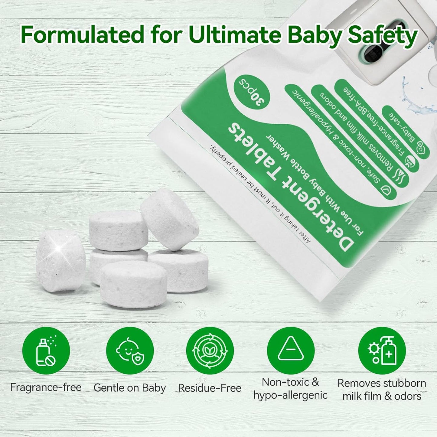 IAGREEA Detergent Washing Tablets 150 PCS, Suitable for Bottle Washers, Compatible with All Brands Baby Bottle Washers, Safe, Healthy and Pollution-Free, Odorless, Highly Effective in Removing Stains