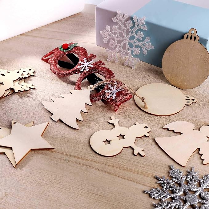 50 Pcs Unfinished Paintable Blank Wooden Christmas Festival Decoration Ornaments