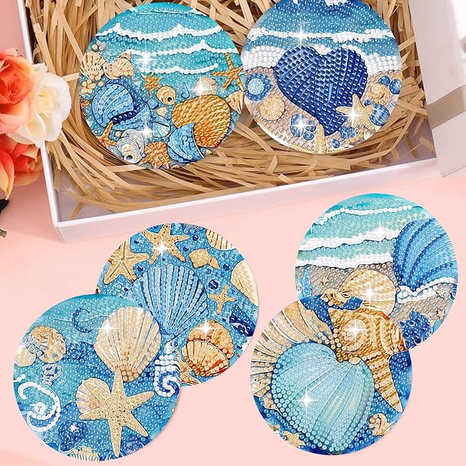8 Pack Ocean Diamond Art Coasters, Seashell Diamond Painting Coasters Kits |