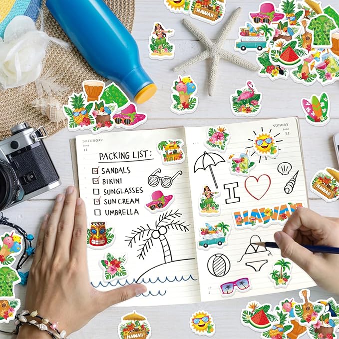 300Pcs Summer Foam Stickers, Colored Hawaii Palm Leaf Flower Foam Sticker Self