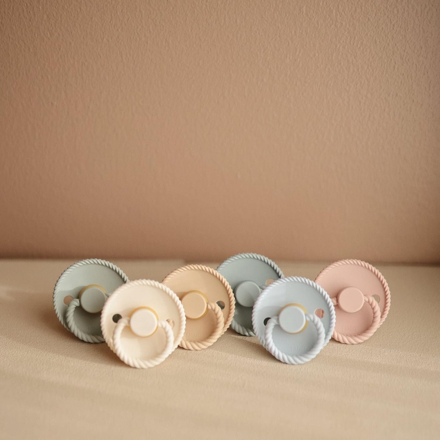 FRIGG Rope Natural Rubber Baby Pacifier | Made in Denmark | BPA-Free (Honey Gold/Portobello, 6-18 Months)