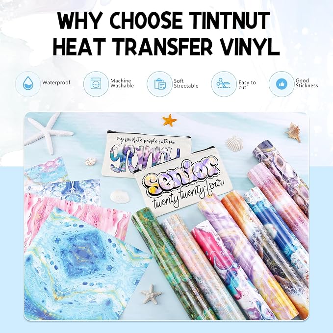 Tintnut Watercolor Marble Heat Transfer Vinyl, easy cut & weed, stretch washable