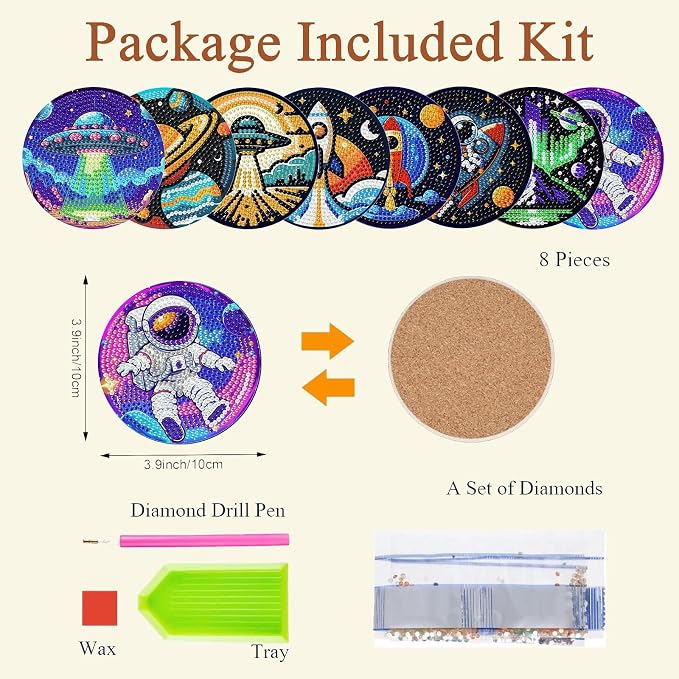 8PCS Outer Space Diamond Art Coasters Kit, Cute Spaceship Diamond Painting