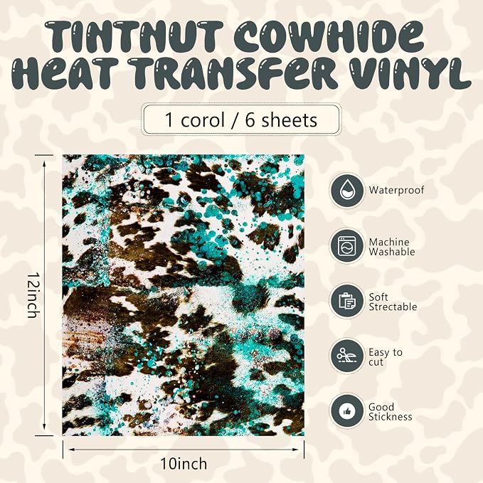 Tintnut Turquoise Cowhide Heat Transfer Vinyl, easy cut & weed, stretch washable