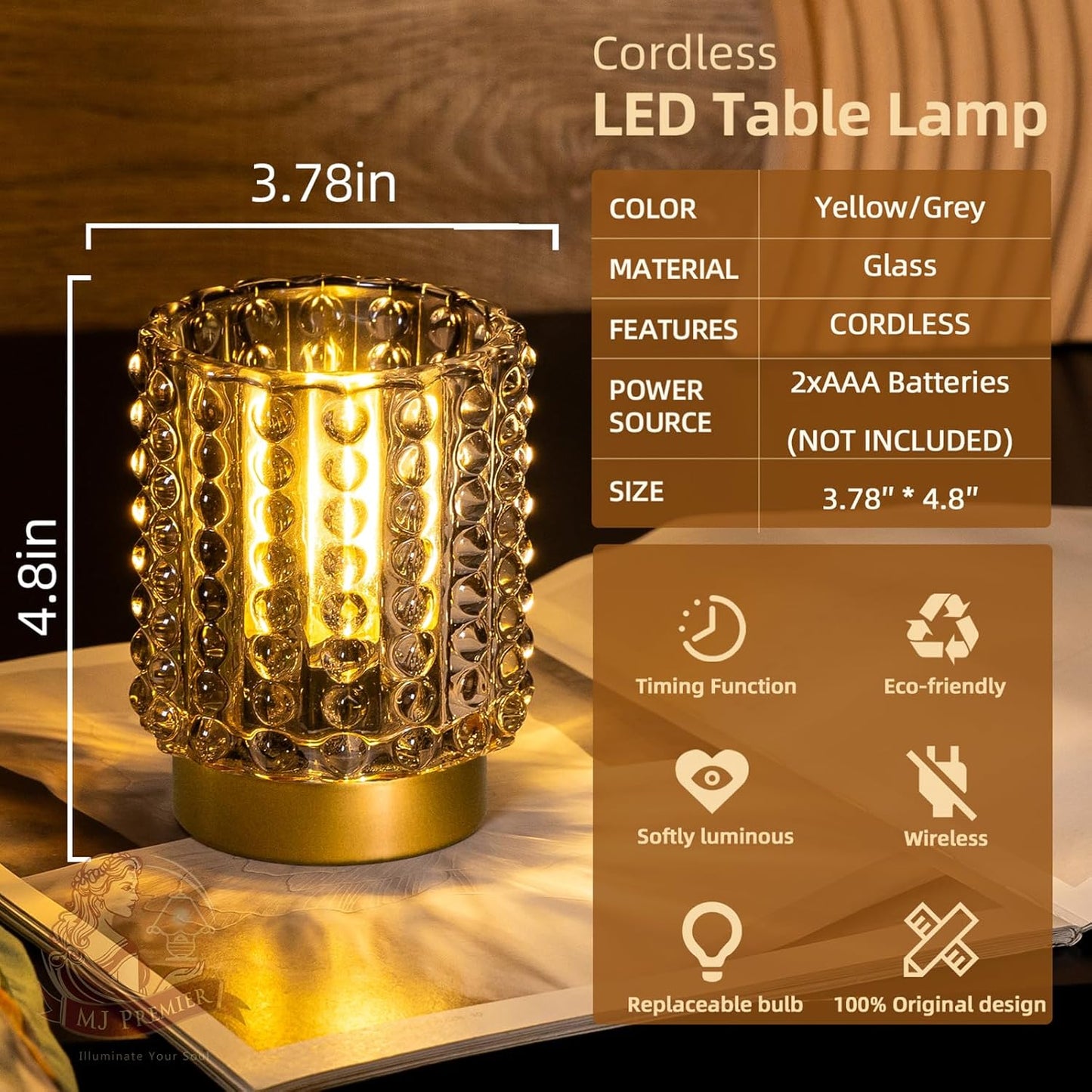 Battery Operated Lamp with Timer, Mini Crystal Table Lamps for Home Decor, Small Cordless Lamp for Areas No Outlets, Glass Battery Powered Lamps for Entryway, Bedroom, Bathroom, Shelf, Corner(Gray)