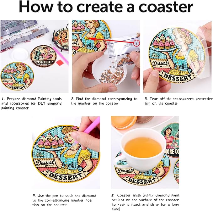 8Pcs Retro Housewife Diamond Art Coasters Kit, Vintage Coffee Diamond Painting