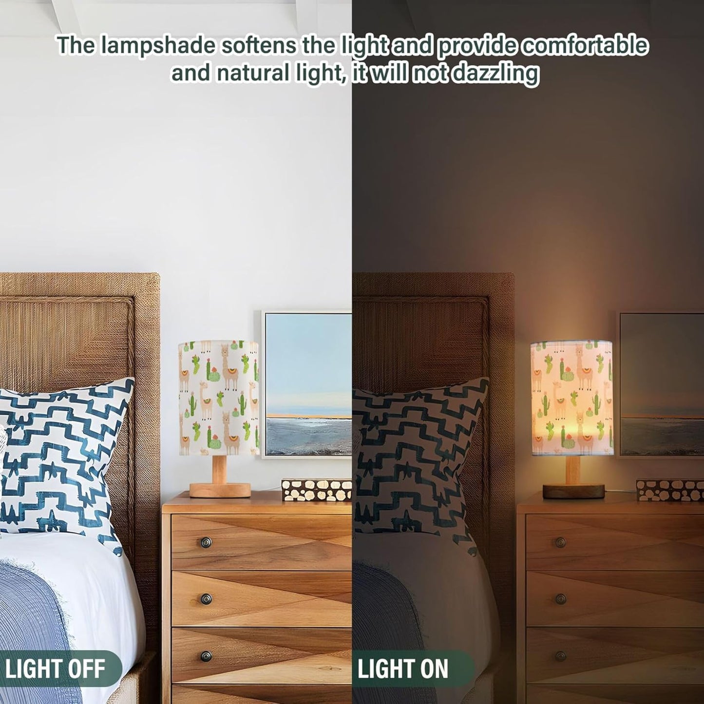 Table Lamp Llamas and Cactus Pattern Nightstand Lamp with Wood Base Fabric Lamp Shade Bedside Desk Lamp for Living Room Bedroom Kids Room Office