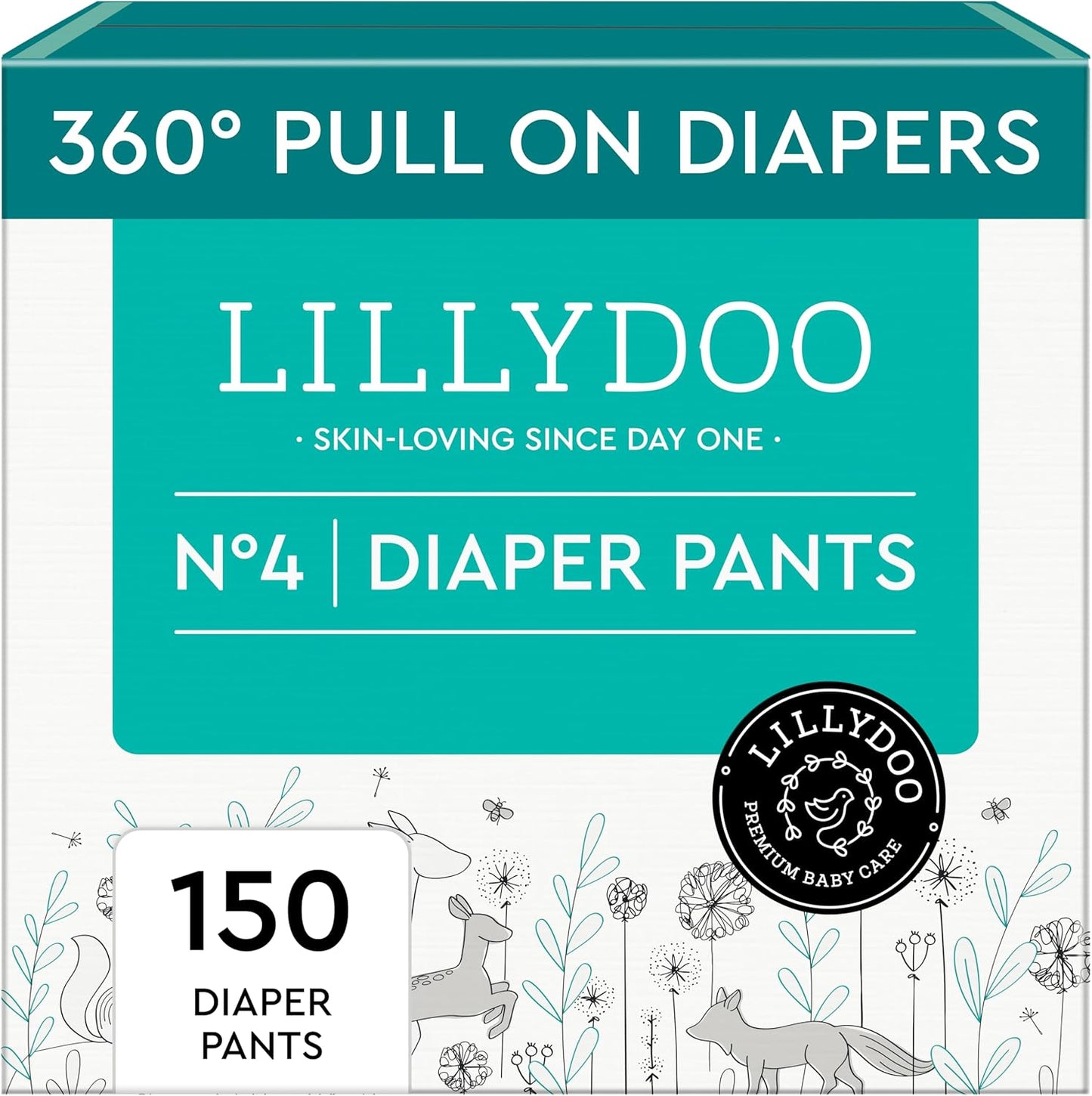 LILLYDOO Diaper Pants Toddlers - Size 4 (20-31 lbs), Monthly Supply (150 Count), Skin-Friendly, Ultrasoft, Chlorine-Free, Snug Fit & Absorbent Pull On Diapers
