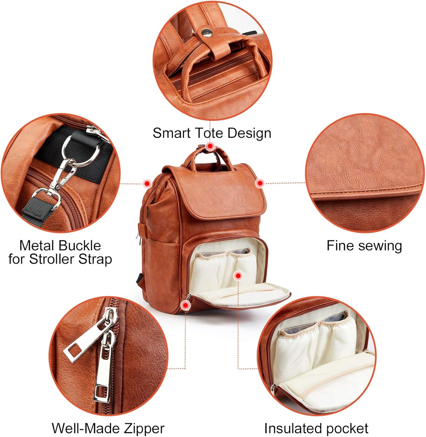 Leather Diaper Bag Backpack with Changing Mat Travel Backpack Waterproof&Insulated Large Nappy Bag Stroller Straps, Brown B, 13.8x8x18 Inch (Pack of 1), Travel Backpacks
