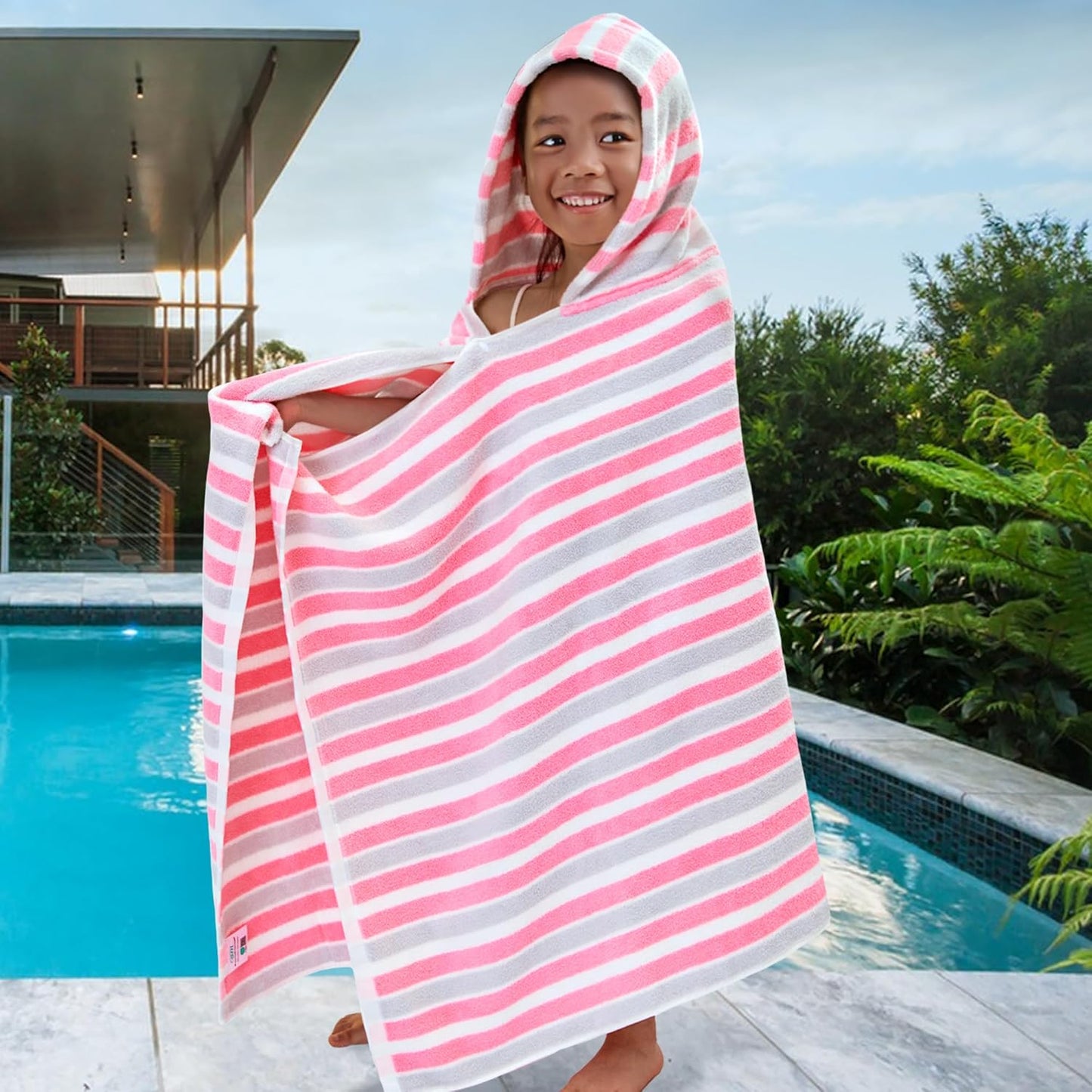 VOOVA & MOVAS Hooded Towels for Kids - 100% Cotton (3-10Years) - Quick Dry Absorbent Lightweight Wrap Towel for Pool | Swim | Beach | Bath, Girls, Pink Gray Stripe
