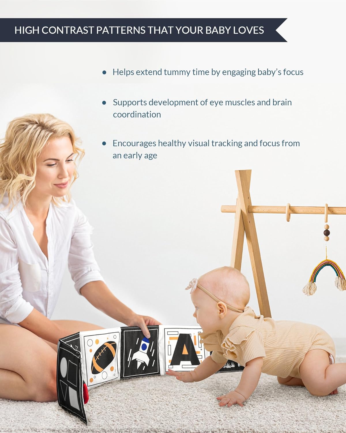 High Contrast Black and White Baby Toys for Newborn 0-6 Months – Contrast Cards & Sensory Baby Book with Mirror – Tummy Time Infant Toys for Visual Stimulation, Early Learning & Brain Development