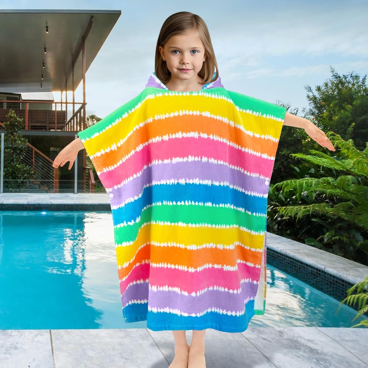 VOOVA & MOVAS Kids Bath Towel with Hood (3-10Years), Quick Dry Absorbent Lightweight Towel Wrap for Pool | Swim | Bath, Color Stripe