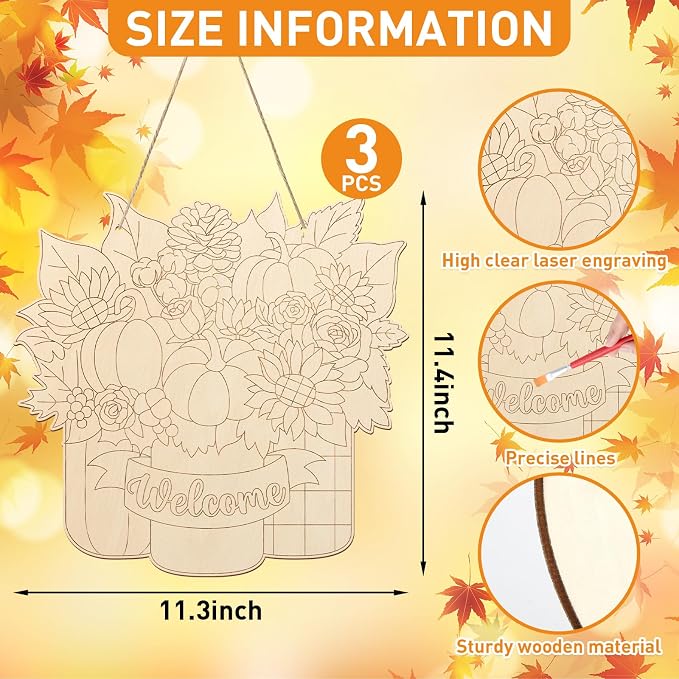 Unfinished Fall Wreaths Wood Crafts to Paint Set of 3, Unfinished Wood Cutouts
