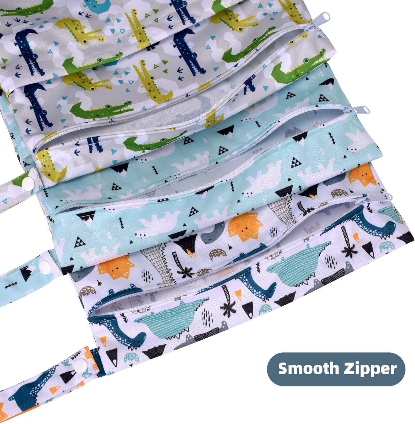 3pcs Cloth Diaper Wet Dry Bags Waterproof Reusable with Two Zippered Pockets Travel Beach Pool Daycare Soiled Baby Items Yoga Gym Bag for Swimsuits or Wet Clothes (Dinosaur,Polar bear)