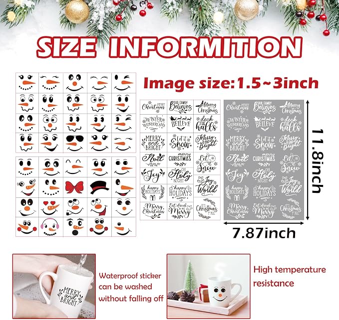 80pcs Snowman Face Stickers for Crafts Christmas Word Sticker Xmas Winter