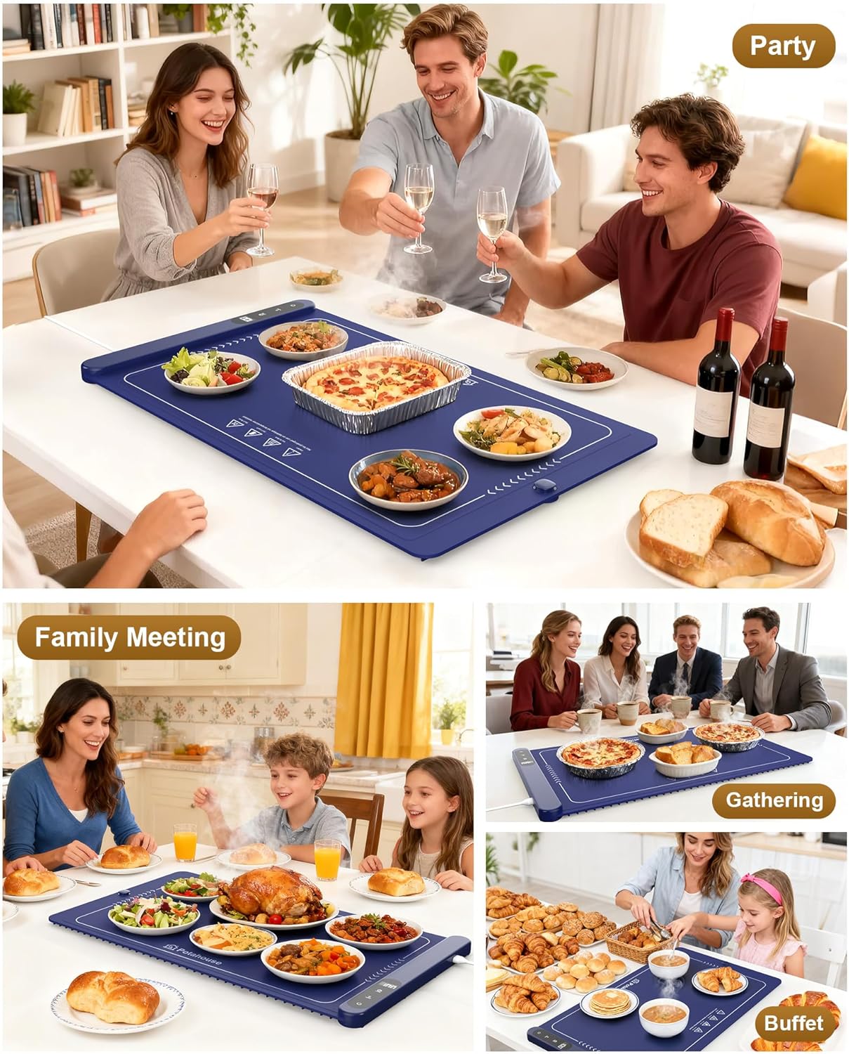 Potahouse® Warming Mat for Food, Graphene Full-Surface Fast Heating, Electric Warming Tray with 6 Temp & Timer Settings, Rollable & Portable Silicone Food Warmer for Parties, Home and Travel, Blue
