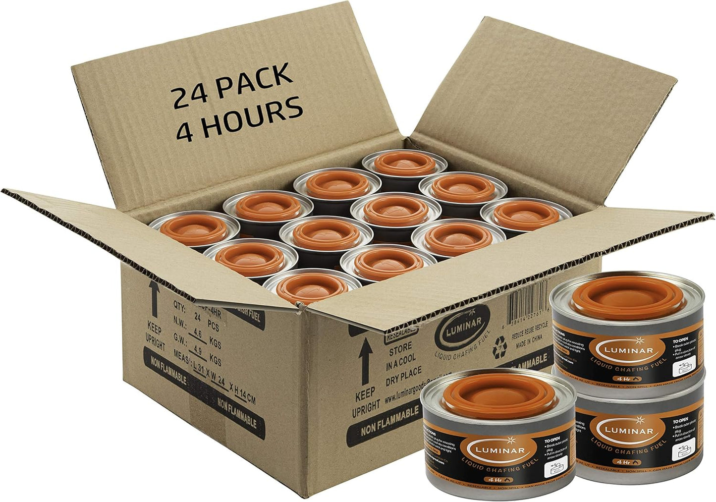 Luminar Resealable-Wick Chafing Fuel Cans, 24 Pack, 4 Hour - Premium Quality Burners for Food Warmers - No More Spills, Waste, or Hassle - Perfect for Convenient, and Long-Lasting Event Catering