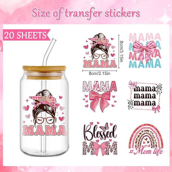 Rngmsi 20 Sheets Mom UV DTF Cup Wrap, Mama Waterproof Cold UV DTF Stickers |