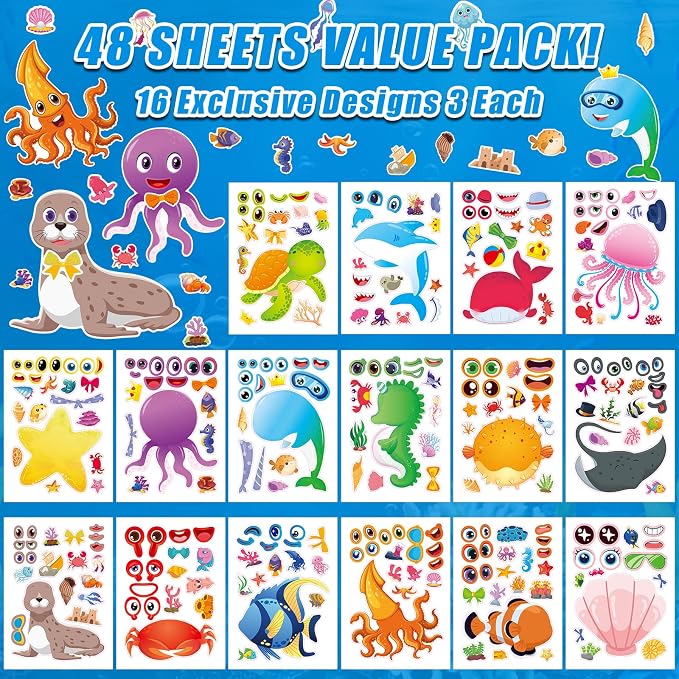 48 Sheets Create Funny Ocean Animals Stickers, Make a Face Stickers