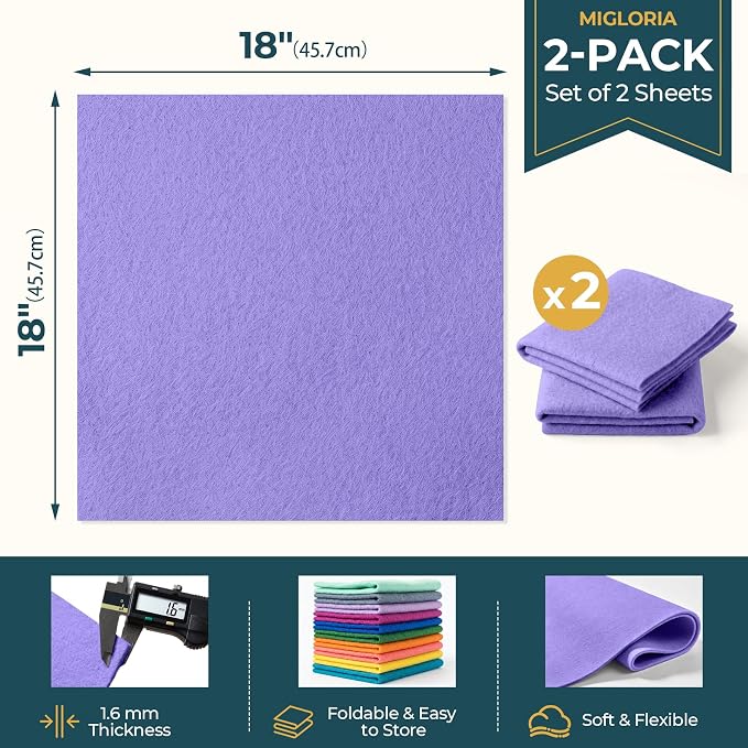 Felt Fabric Sheet 18 x 18 Inch, 1.6mm Thick | Soft and Flexible Nonwoven