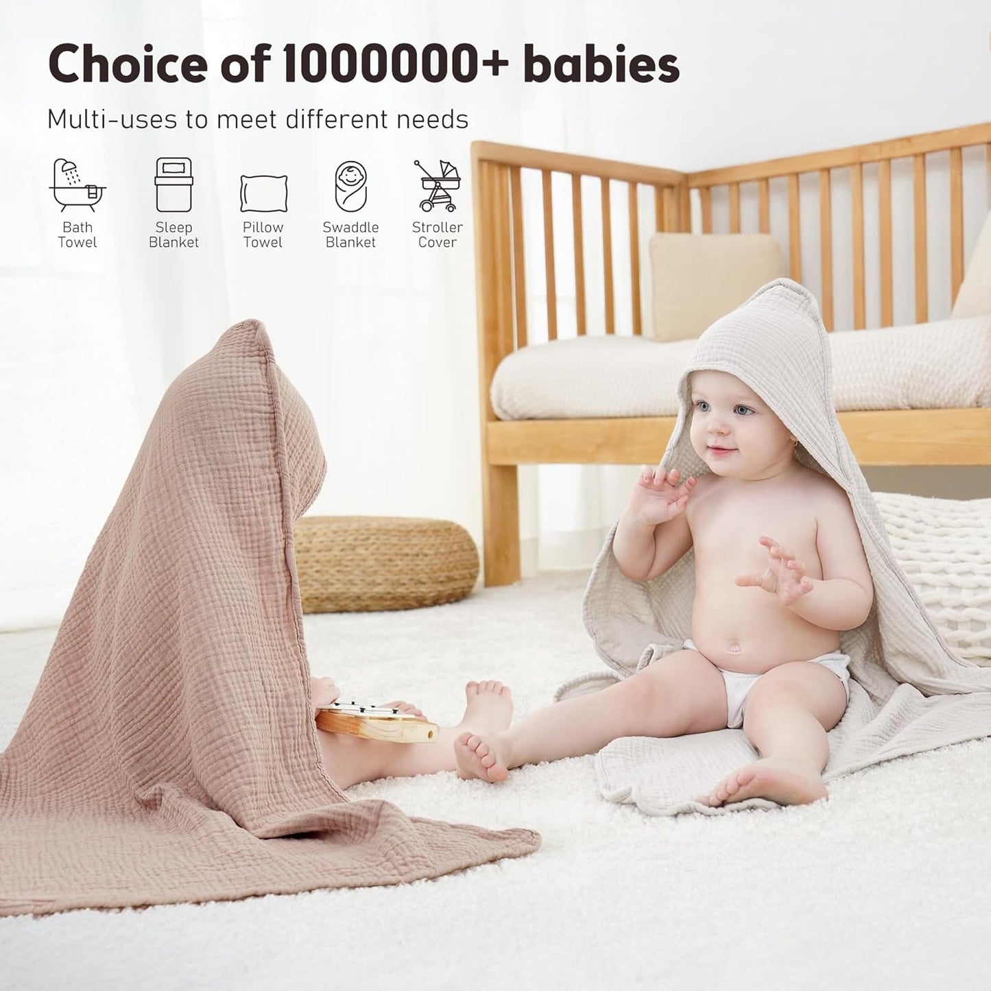 Susurration Hooded Baby Towels for Newborn 2 Pack 100% Muslin Cotton Towel for Babies，Highly Absorbent and Newborn Essential 30x30 Inch Beige&Sand