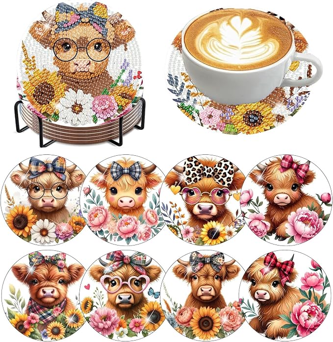 8 Pack Diamond Art Coasters, Highland Cow Diamond Painting Coasters Kits | Cow