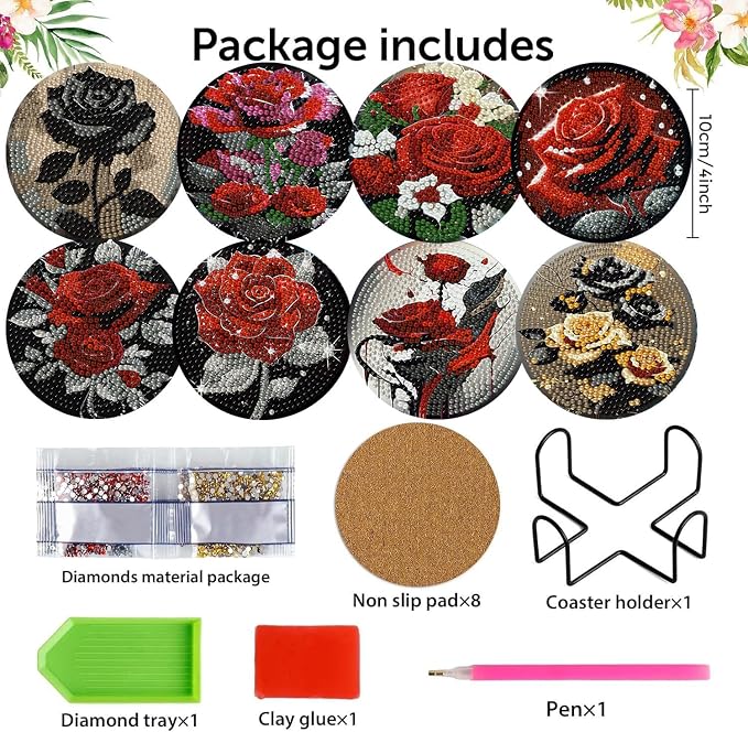 8 Pack Diamond Art Coasters, Rose Flowers Diamond Painting Coasters Kits |