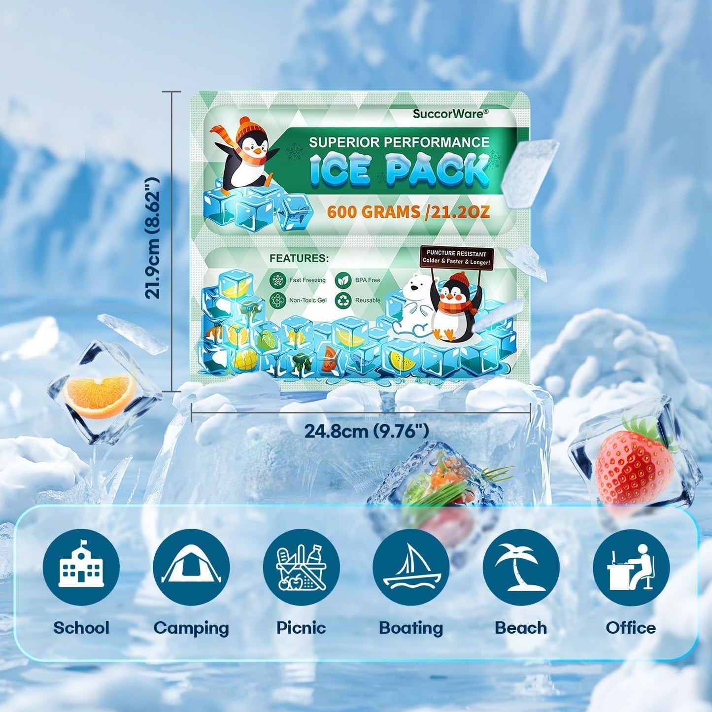 5 Packs Reusable Ice Packs for Lunch Boxes - 12+ Hour Cooling Ice Gel Pack for Camping, Beach, Office - Ice Packs for Cooler Bag, Cooler Backpacks