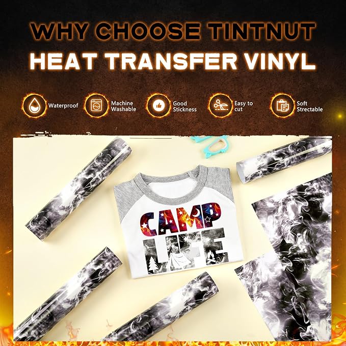 Tintnut Black Grey Flame Heat Transfer Vinyl, stretch washable, suitable