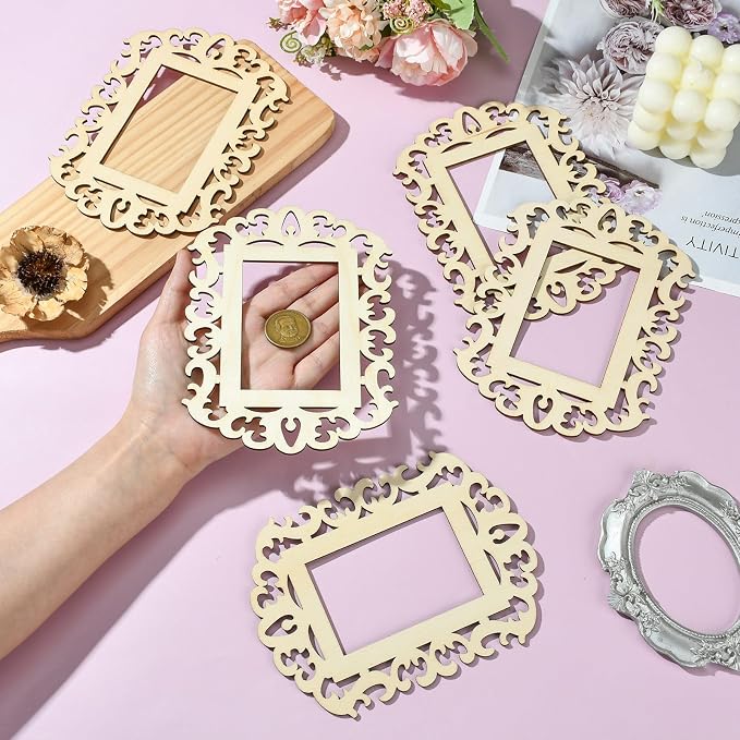12 pcs Rectangle Theme Unfinished Wooden Photo Frames Floral Laser Cut Wood