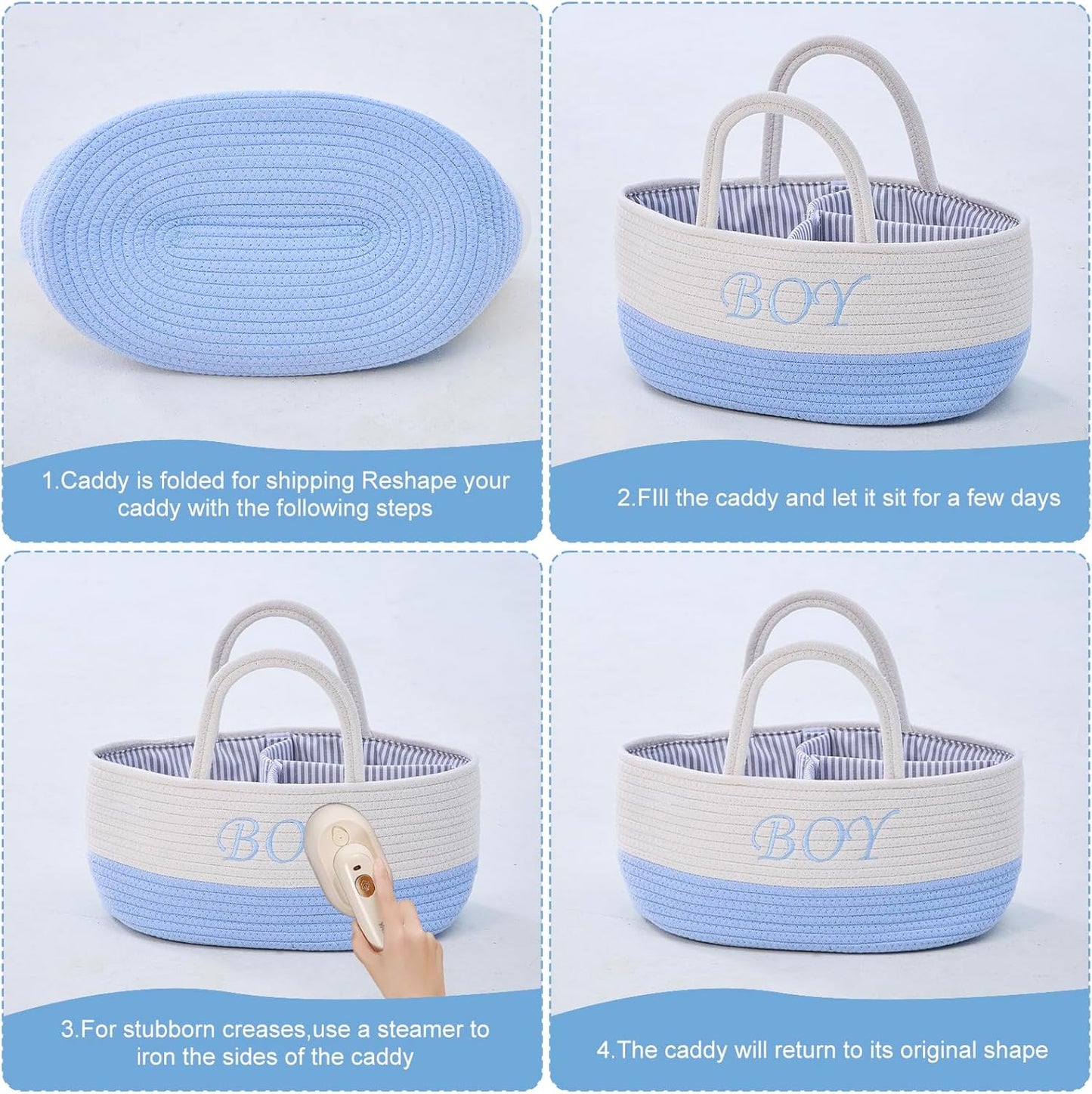 DUHEL Diaper Caddy Organizer with Handle,Baby Basket use for Diaper Organizer and Storage,Baby Boys Newborn Essentials,3 Compartments-Cotton rope Material Storage for Home or Travel.(White＆Blue)