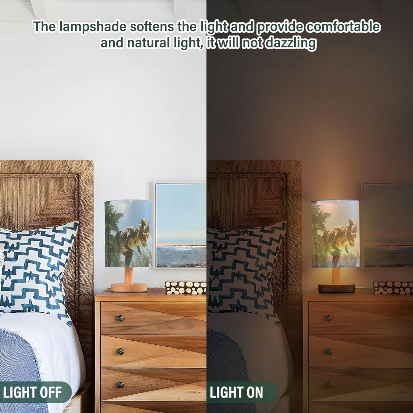 Table Lamp Dinosaur in Jungle Forest Nightstand Lamp with Wood Base Fabric Lamp Shade Bedside Desk Lamp for Living Room Bedroom Kids Room Office
