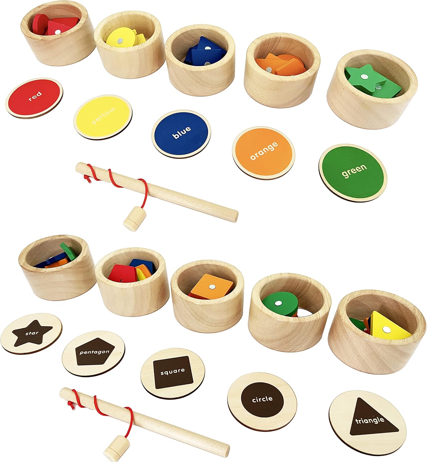 Dailyfunn Montessori Toy Wooden Sorting Cup&Fishing Game 2-in-1 Colors Shapes Sorting Matching Learning Toys for Toddlers 1-3 Year Old