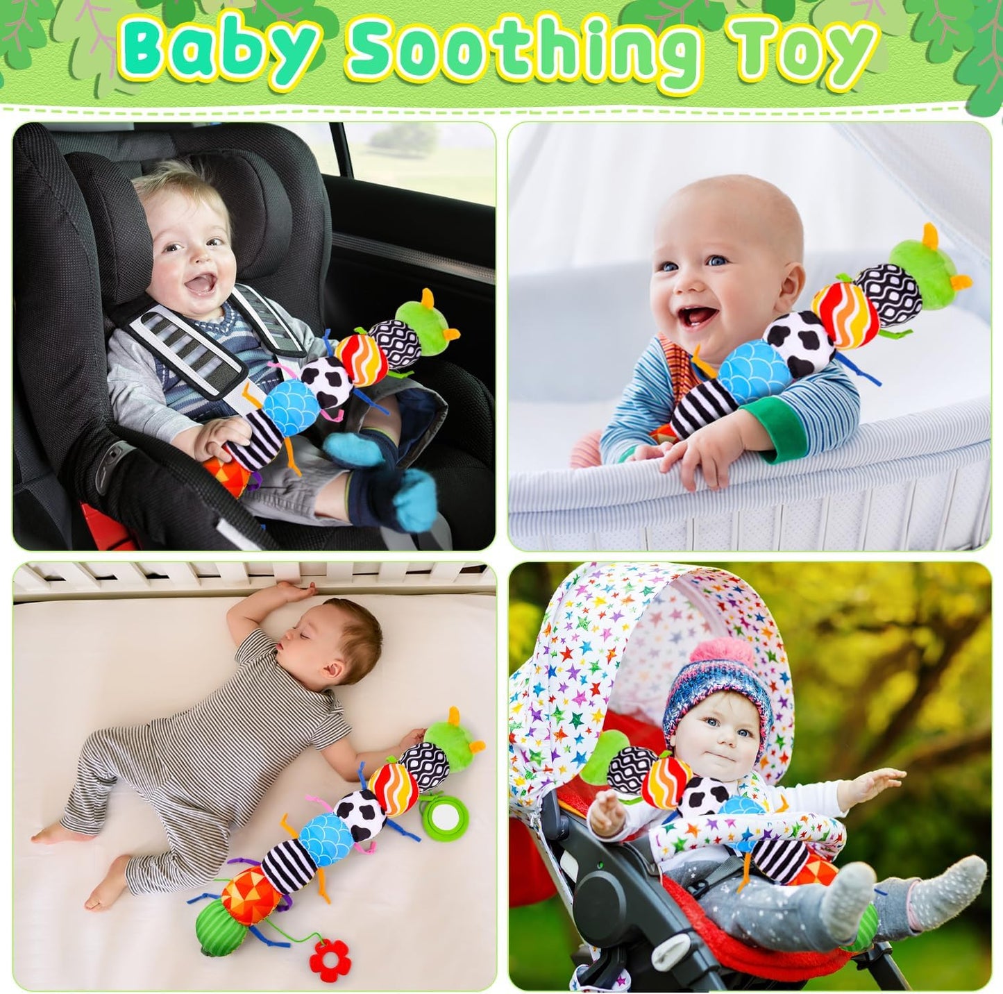 Baby Toys 0-6 6-12 Months, Stuffed Animal Infant Tummy Time Toys Sensory Toys with Crinkle, Rattles, Textures and Mirror Gifts for Newborn Boy Girls Toddlers, Caterpillar Musical Toy (Green)