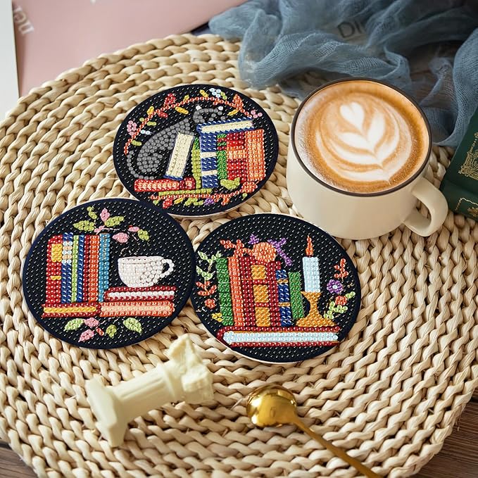 8 Pcs Bookshelf Diamond Art Coasters Kit