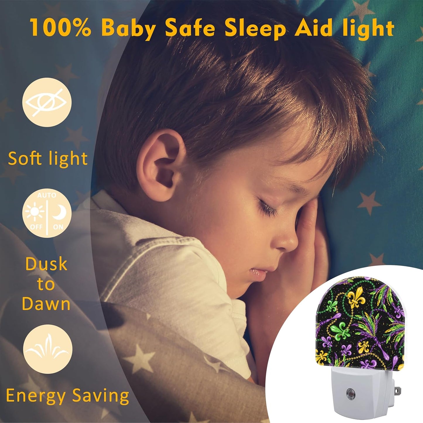 Mardi Gras Carnival Design Night Light, Colorful Fleur De Lis and Feathers Dusk to Dawn Night Light Plug in, 0.5w Energy Saving Sleep Friendly Nightlights for Kids Boys Girls Home Decor