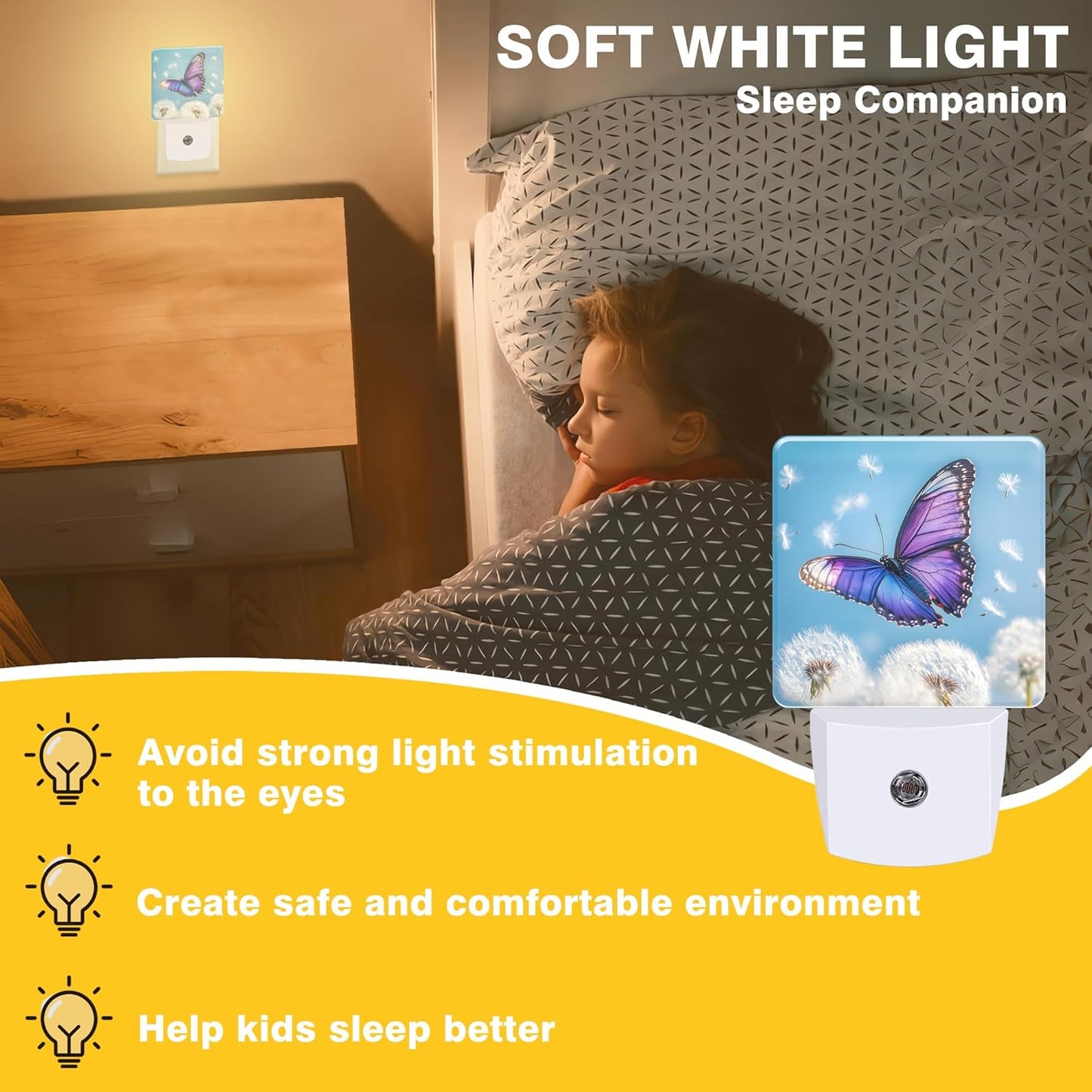 Flying Butterfly with Dandelion Night Light, Plug-in Nightlight with Dusk to Dawn Auto Sensor for Home Bedroom Hallway Kitchen 0.5W Sleep Friendly Led Lamp for Women Men